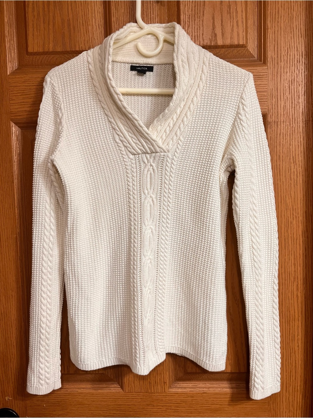 Nautica Women's Cream Cable-Detail Shawl Collar Sweater